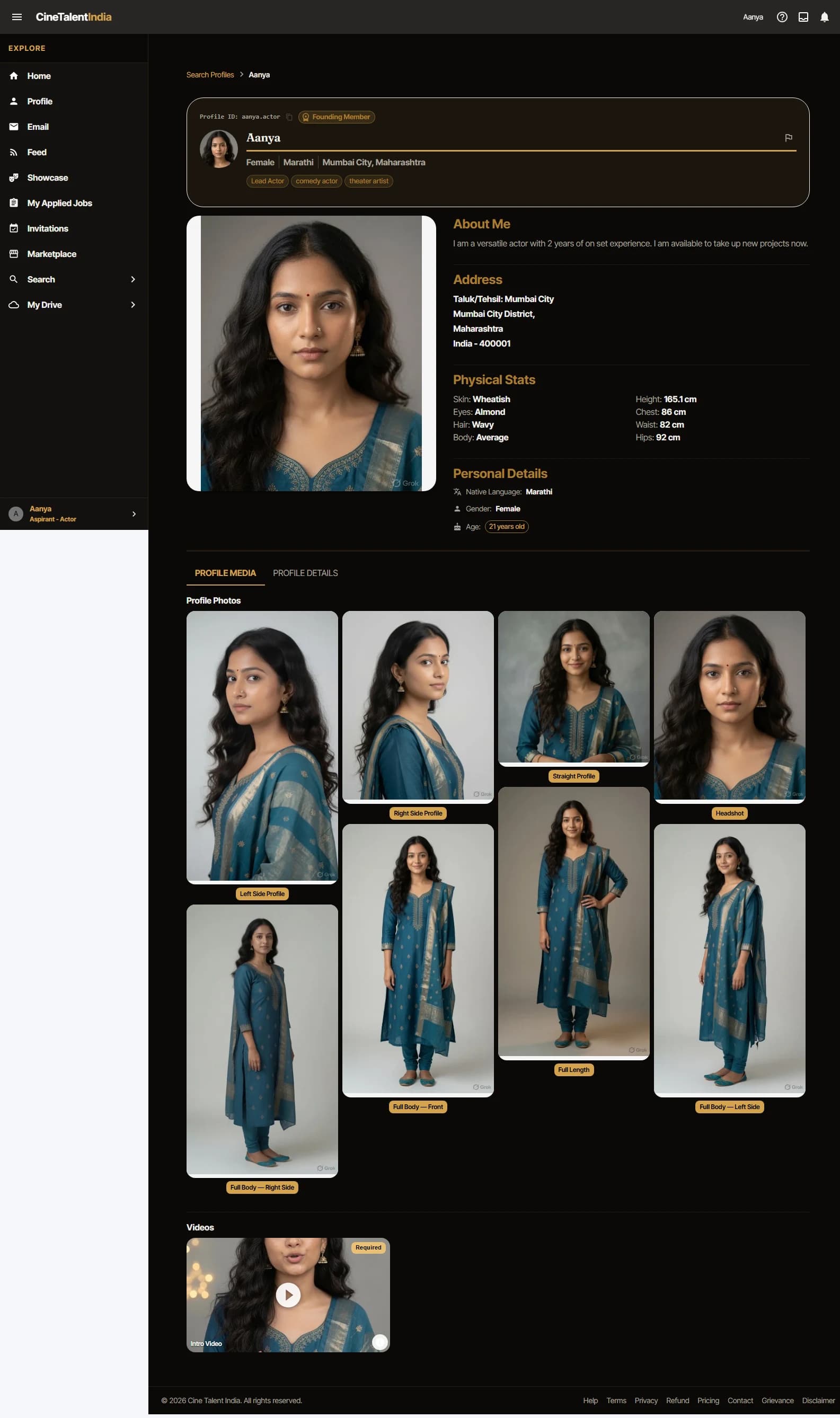 An aspirant's professional profile on CineTalentIndia showing headshots, stats, and credits.