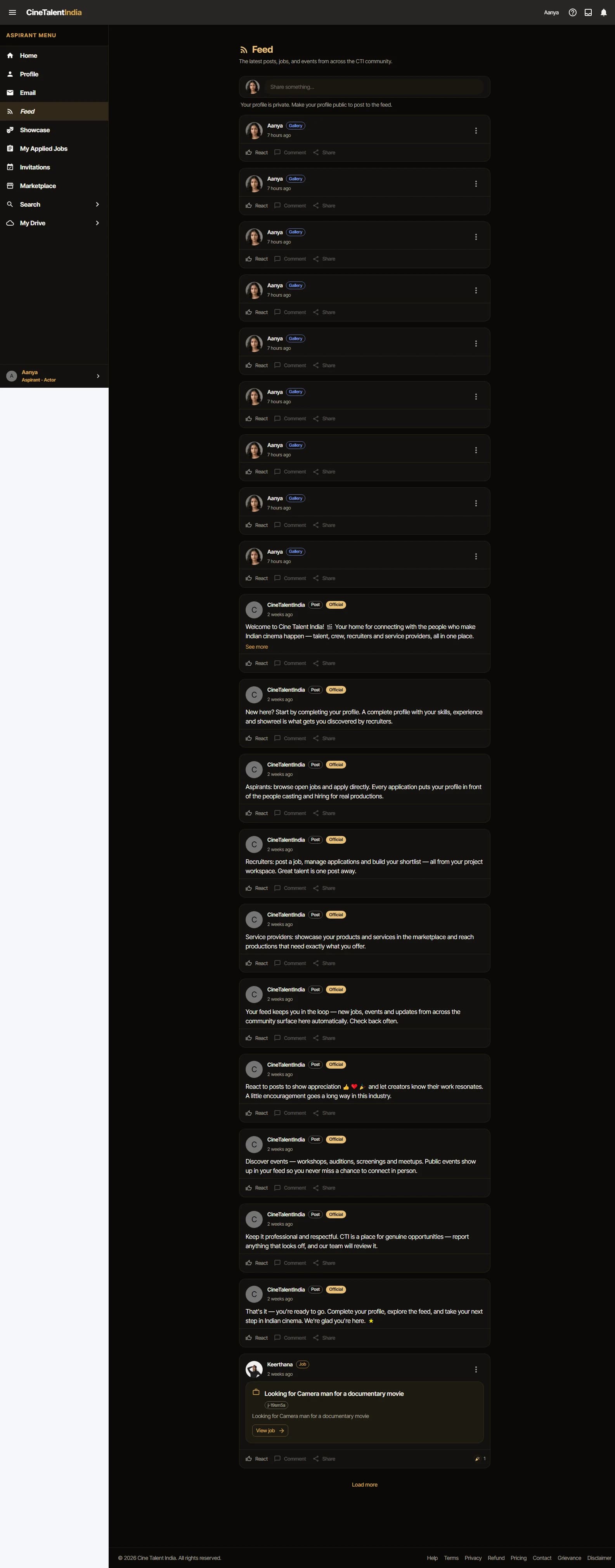 The CineTalentIndia public feed showing recent posts, jobs, and events.