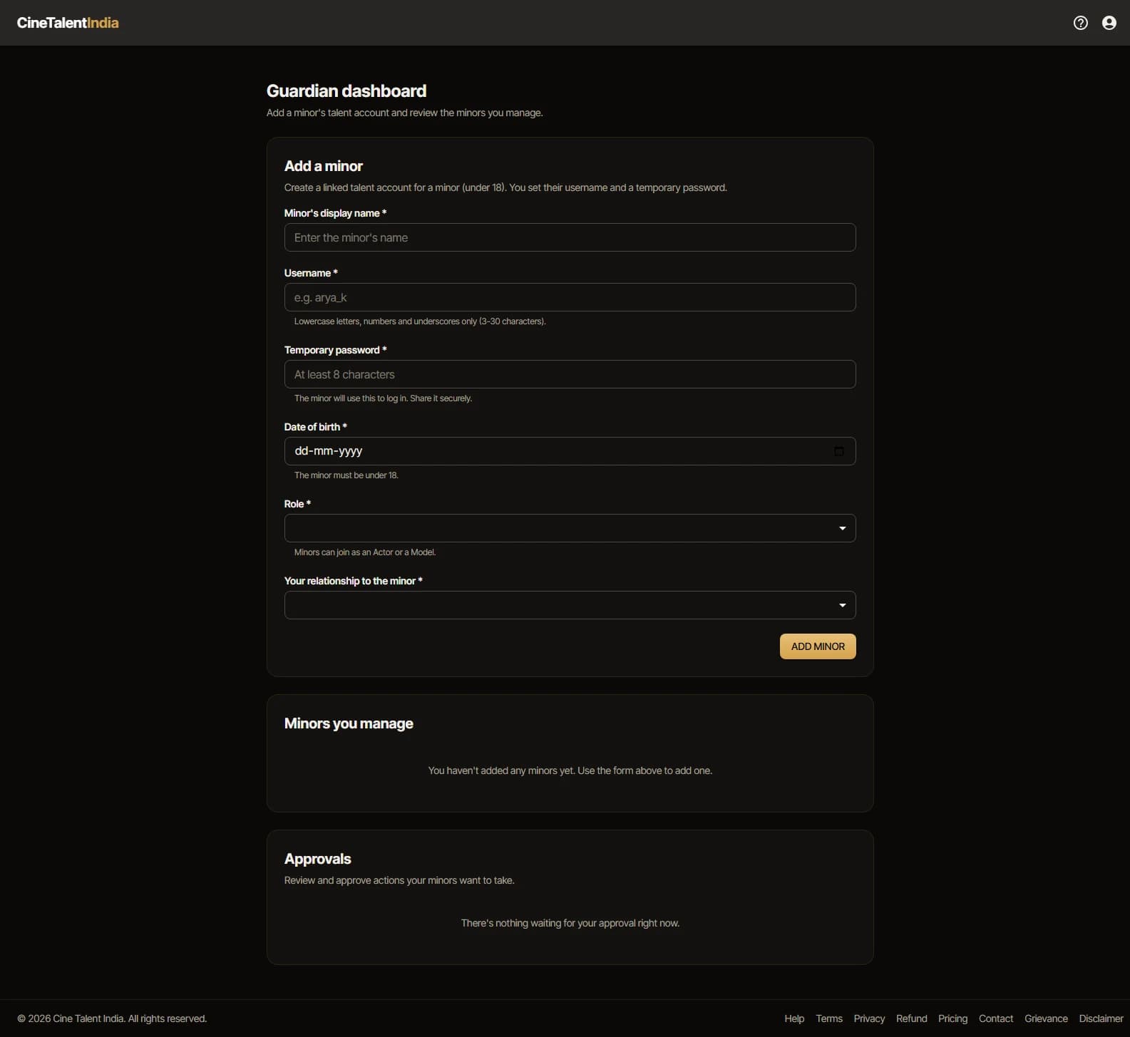 CineTalentIndia's Parent/Guardian and on-platform safety controls.
